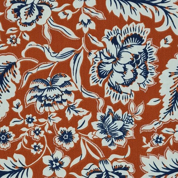 Stoff Baumwollstoff "Romania" Blumen Ranken terracotta dunkelblau weiss 0,5