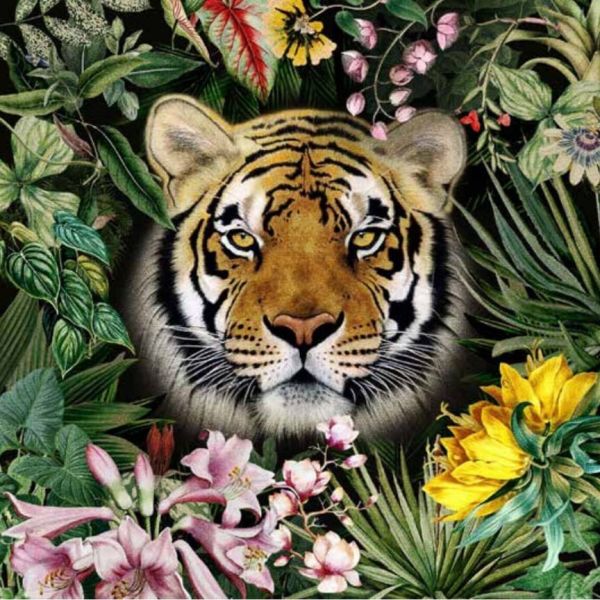 Kissenpanel Velours "Tiger & Flowers" Samt Deluxe 45cm x 45xm